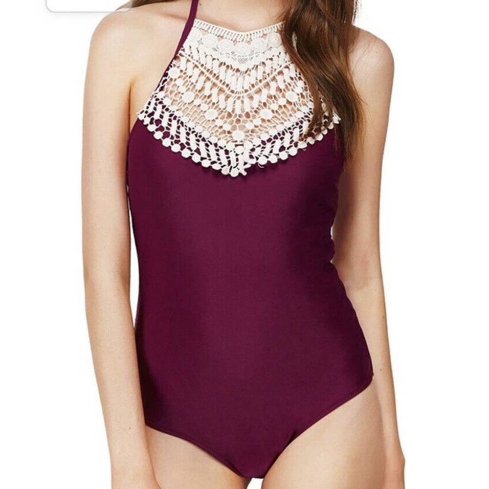Cupshe BOHO NWT Swimsuit Lace Top Medium M Wine Tie Back